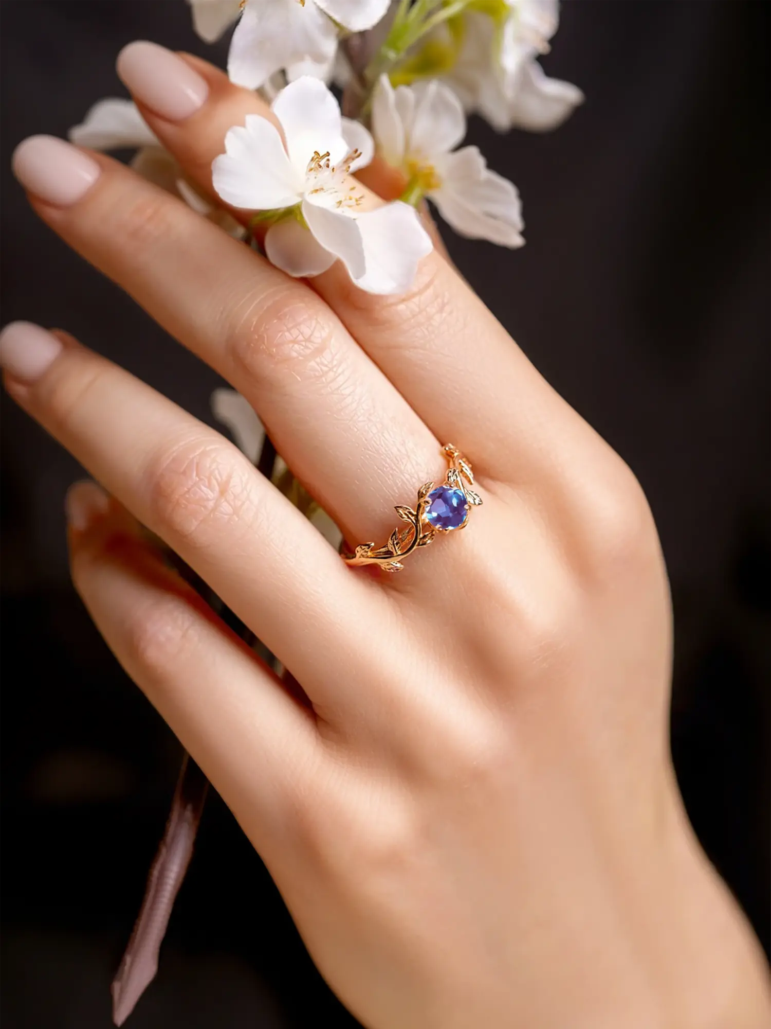 Ring with a blue alexandrite stone on a tender woman hand, which holds flowers