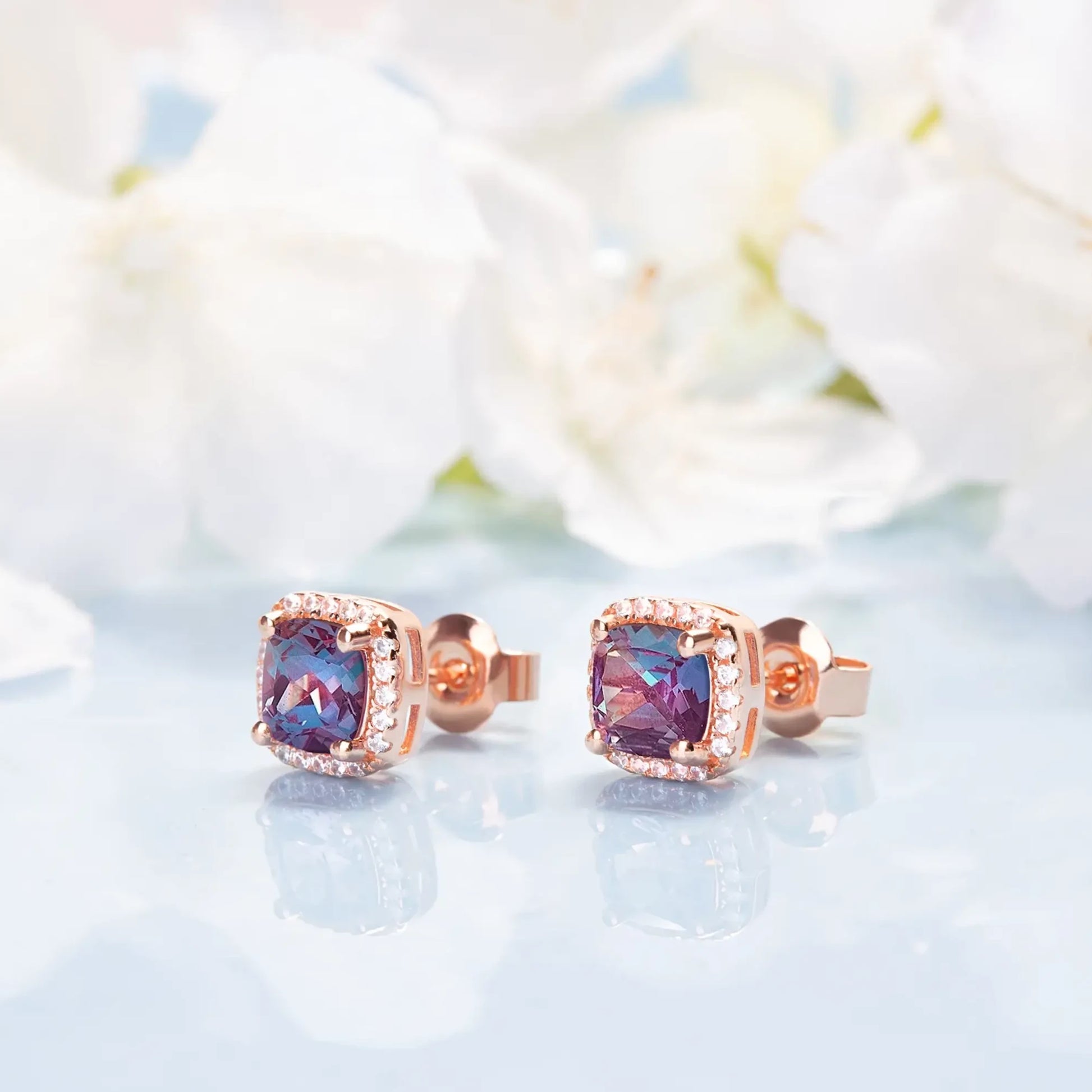 Alexandrite square studs in a color rose gold