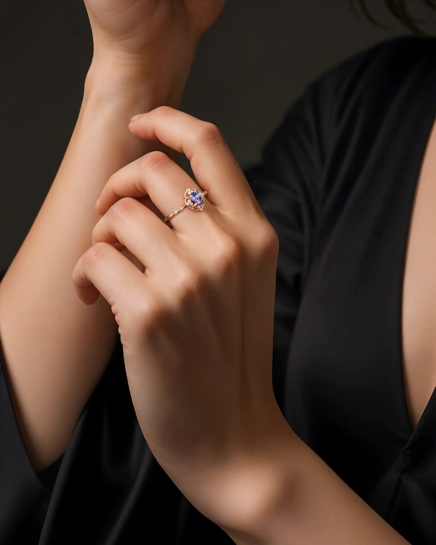 Antique rose gold ring with a shimmering alexandrite gemstone, designed as a unique engagement ring or meaningful promise