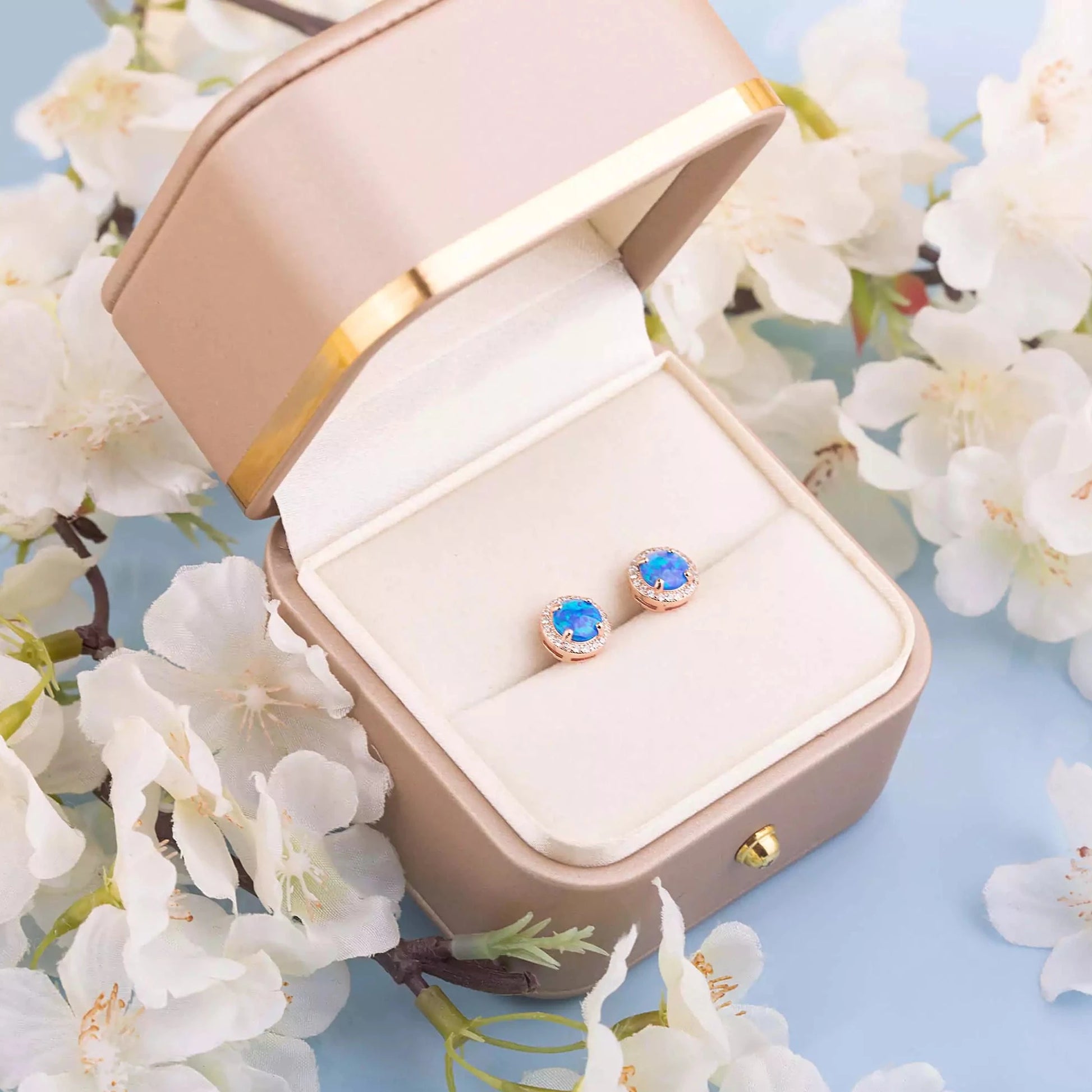 Blue Opal Round studs in a gift box