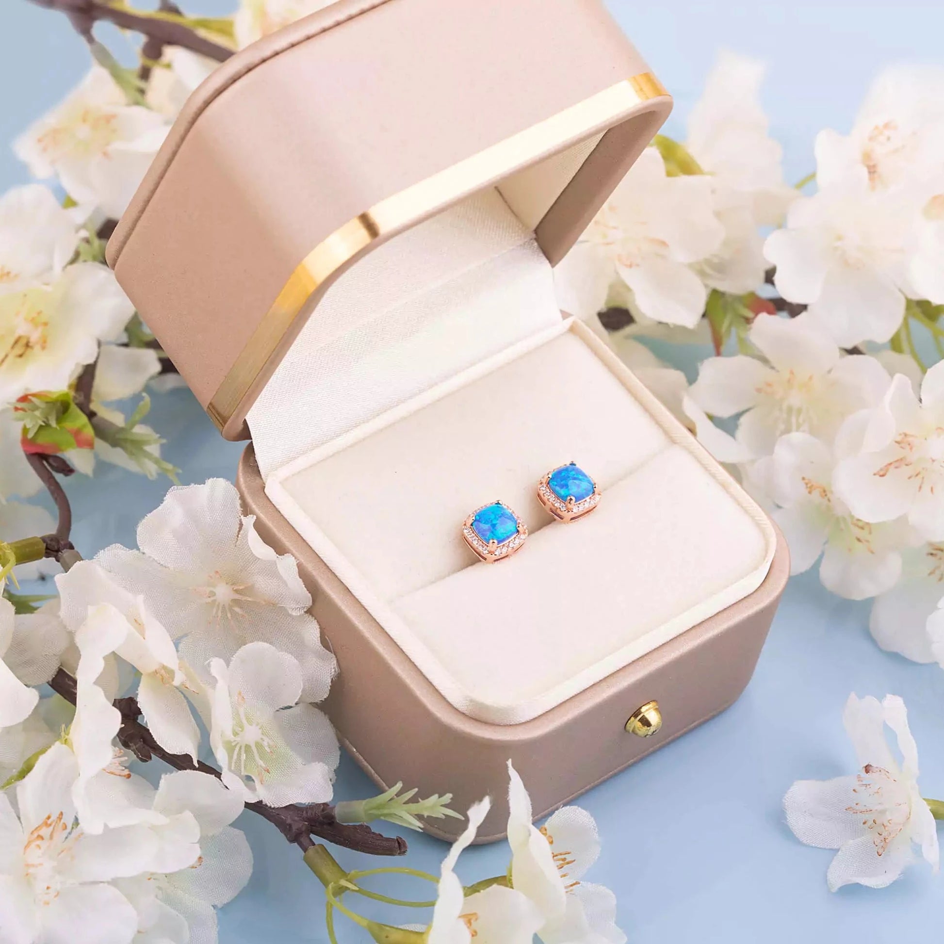 Blue Opal square studs in a gift box