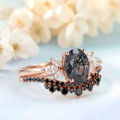 Unique Black Bridal Ring Set - Black Quartz Wedding & engagement