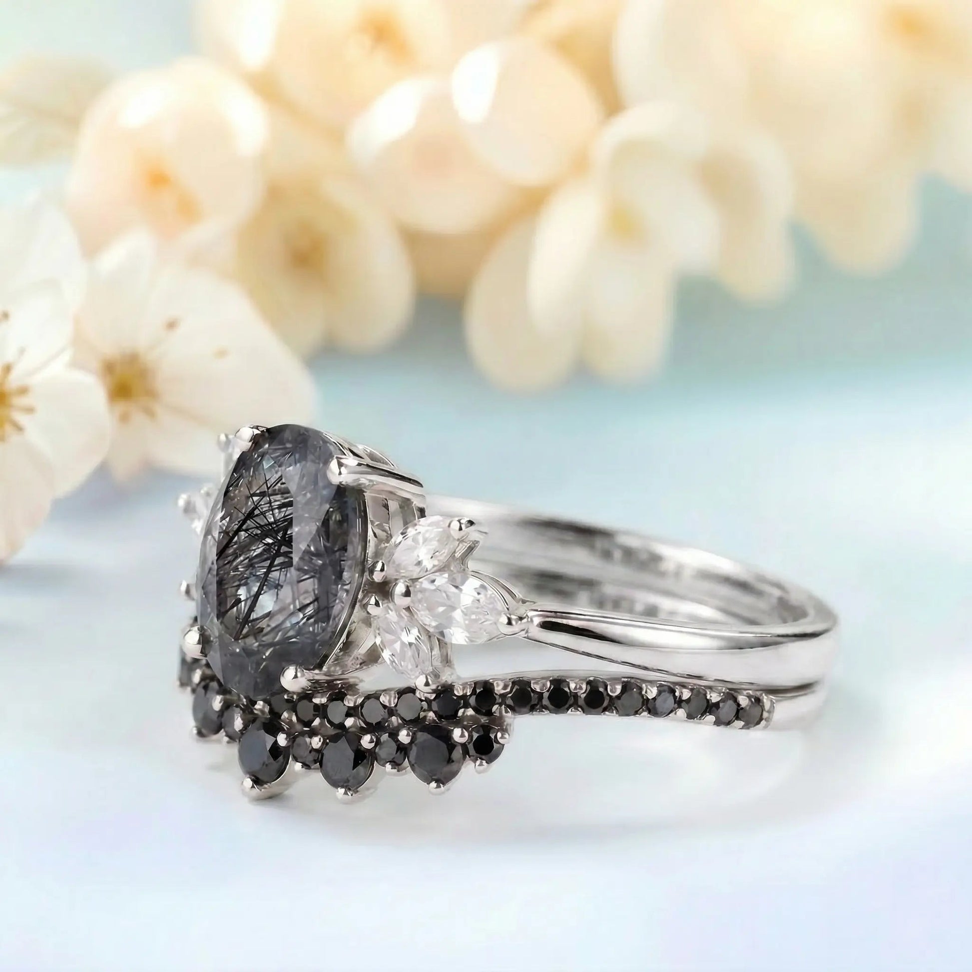 Unique Black Bridal Ring Set - Black Quartz Wedding & engagement