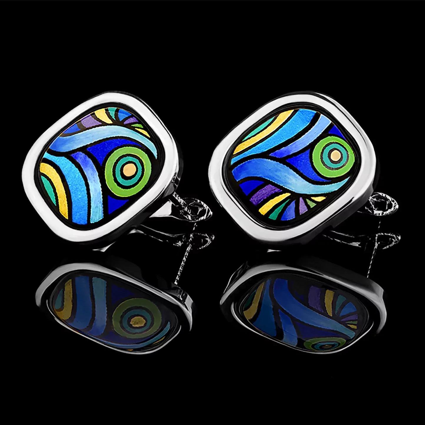 Luxury enamel earrings with a Starry Night-inspired design, crafted for art enthusiasts and lovers of fine jewelry in white gold