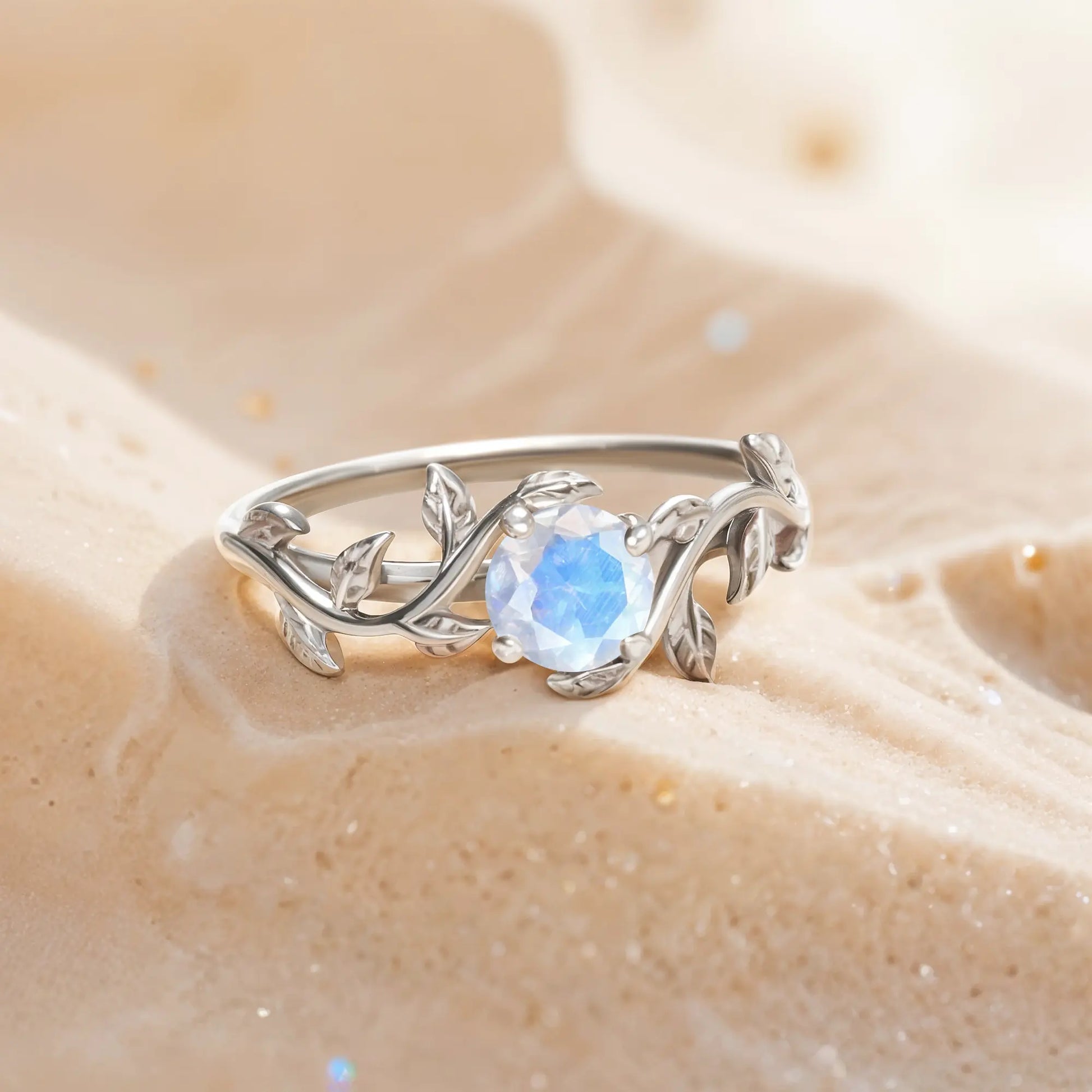 Silver Ring for women. Ring in a form of twig with moonstone gemstone. Ring is gold plated