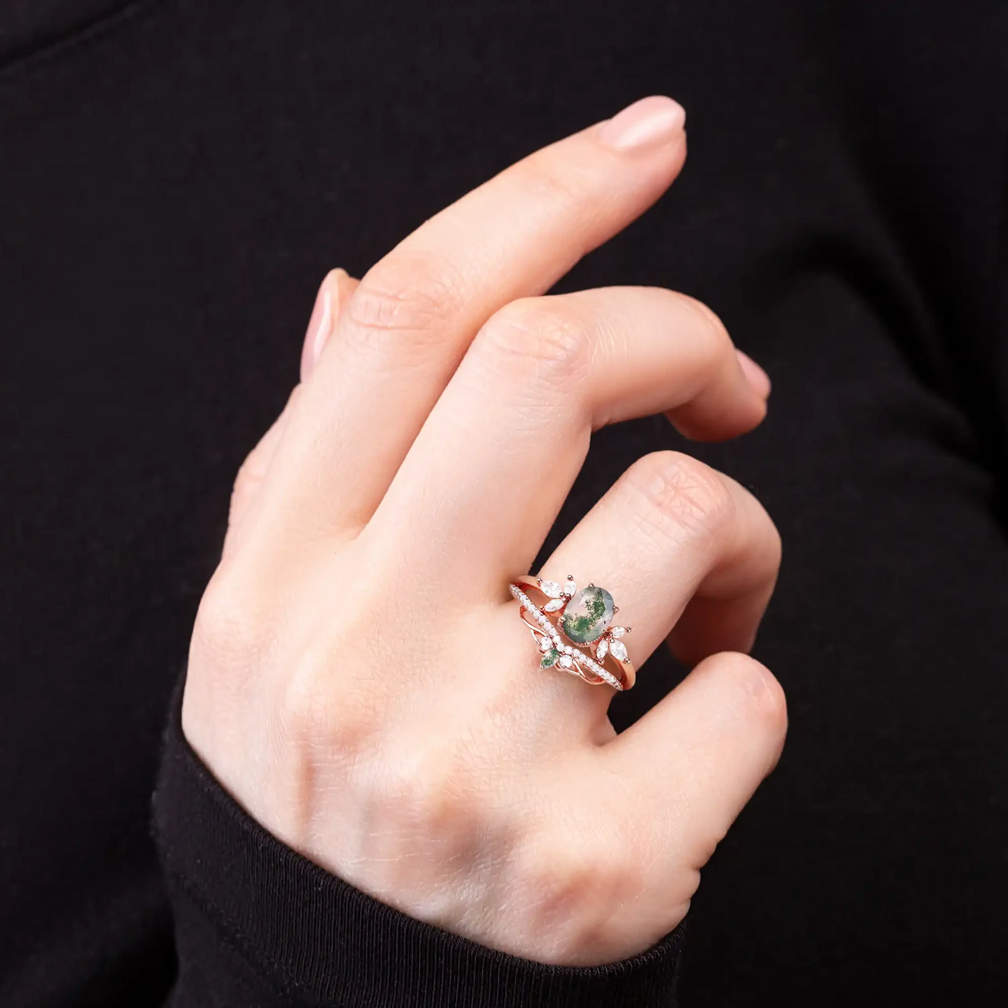 Stacking ring set with Moss Agate gemstones, designed for engagements, weddings, or elegant daily wear.