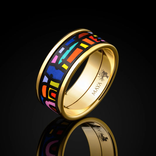 Yellow gold ring with the painting of Friedensreich Hundertwasser's "Spanish Nights"