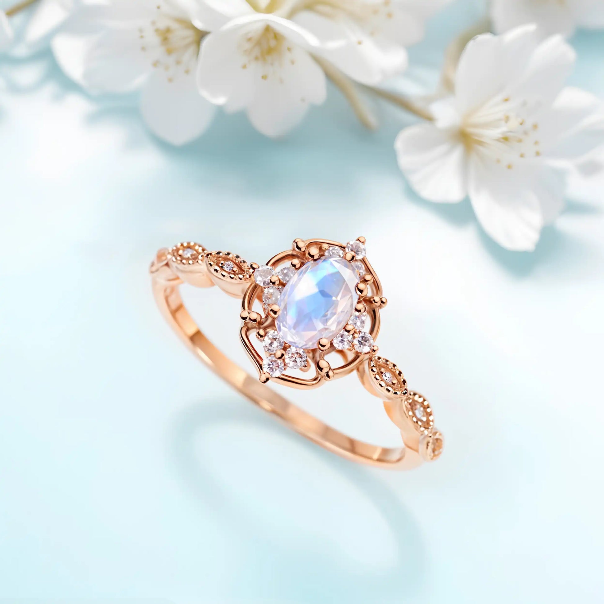 Unique Moonstone Promise Ring featuring a gemstone design inspired by the vintage times, ideal for weddings or proposals.