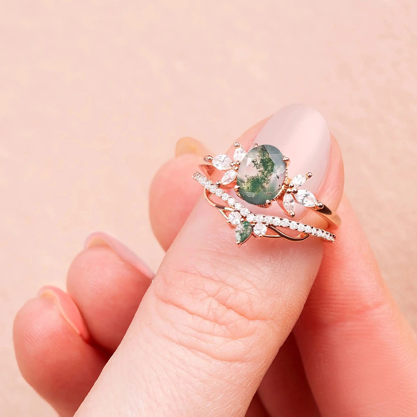 Unique engagement ring set featuring Moss Agate gemstones and a modern two-piece design, ideal for weddings or promises.