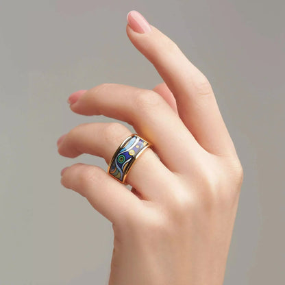 Van Gogh-inspired enamel ring featuring a Starry Night design, perfect as a luxury jewelry piece or unique accessory.