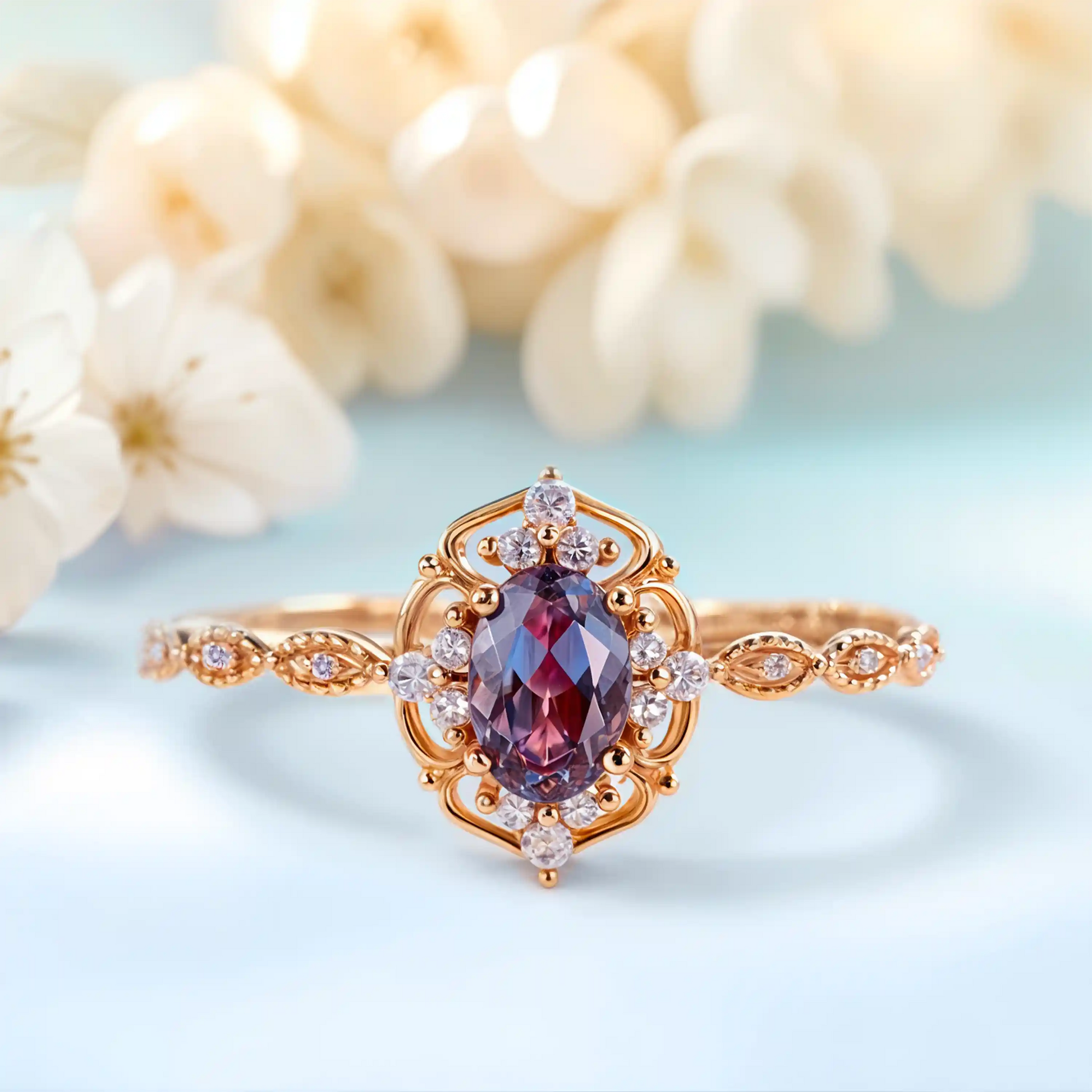 Unique vintage engagement ring in rose gold featuring a stunning alexandrite gemstone, perfect for June birthdays or as a promise ring.