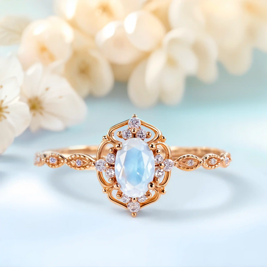 Vintage Moonstone Engagement Ring with an antique Milky Way design, perfect as a June birthstone or unique promise ring.