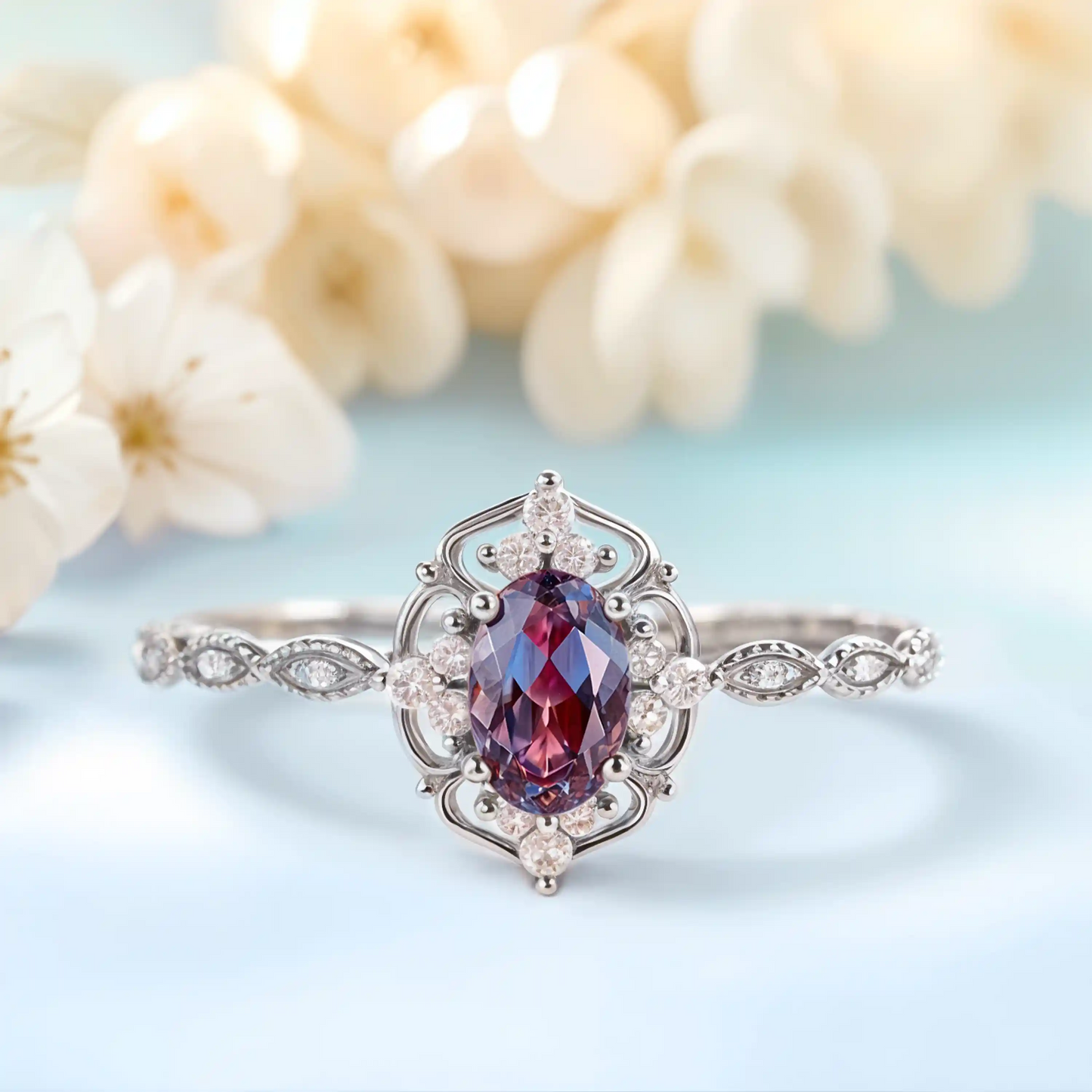 Elegant white gold engagement ring featuring a vintage-inspired design and a sparkling alexandrite gemstone, perfect for special occasions