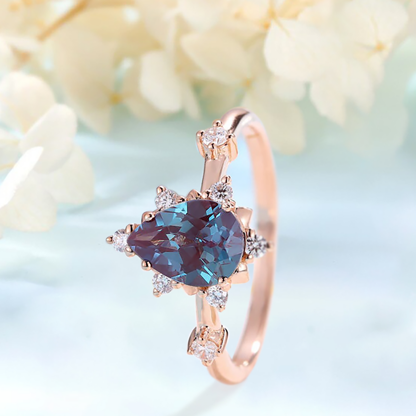 Zircon ring with dark blue alexandrite stone