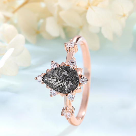 Black Rutilated Quartz & White Zircon ring