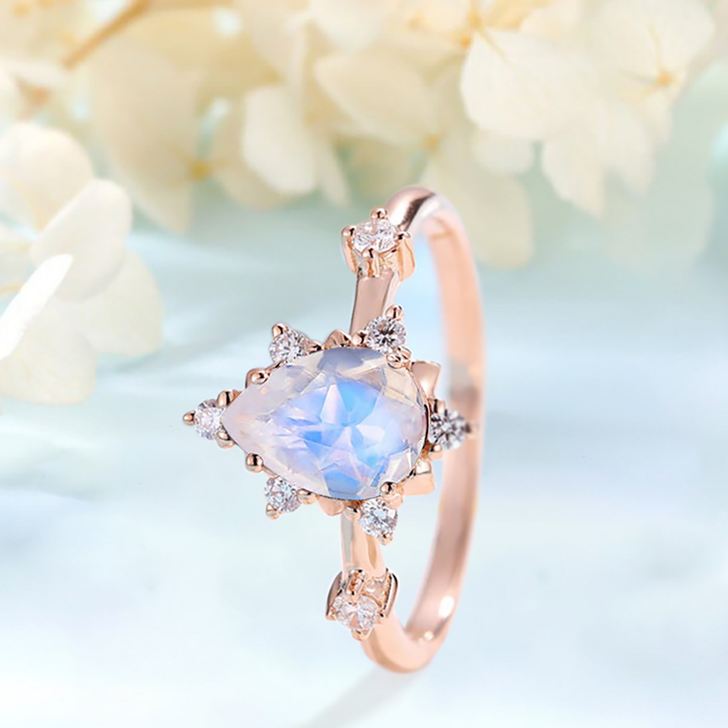Moonstone & White Zircon engagement ring with a stunning shine