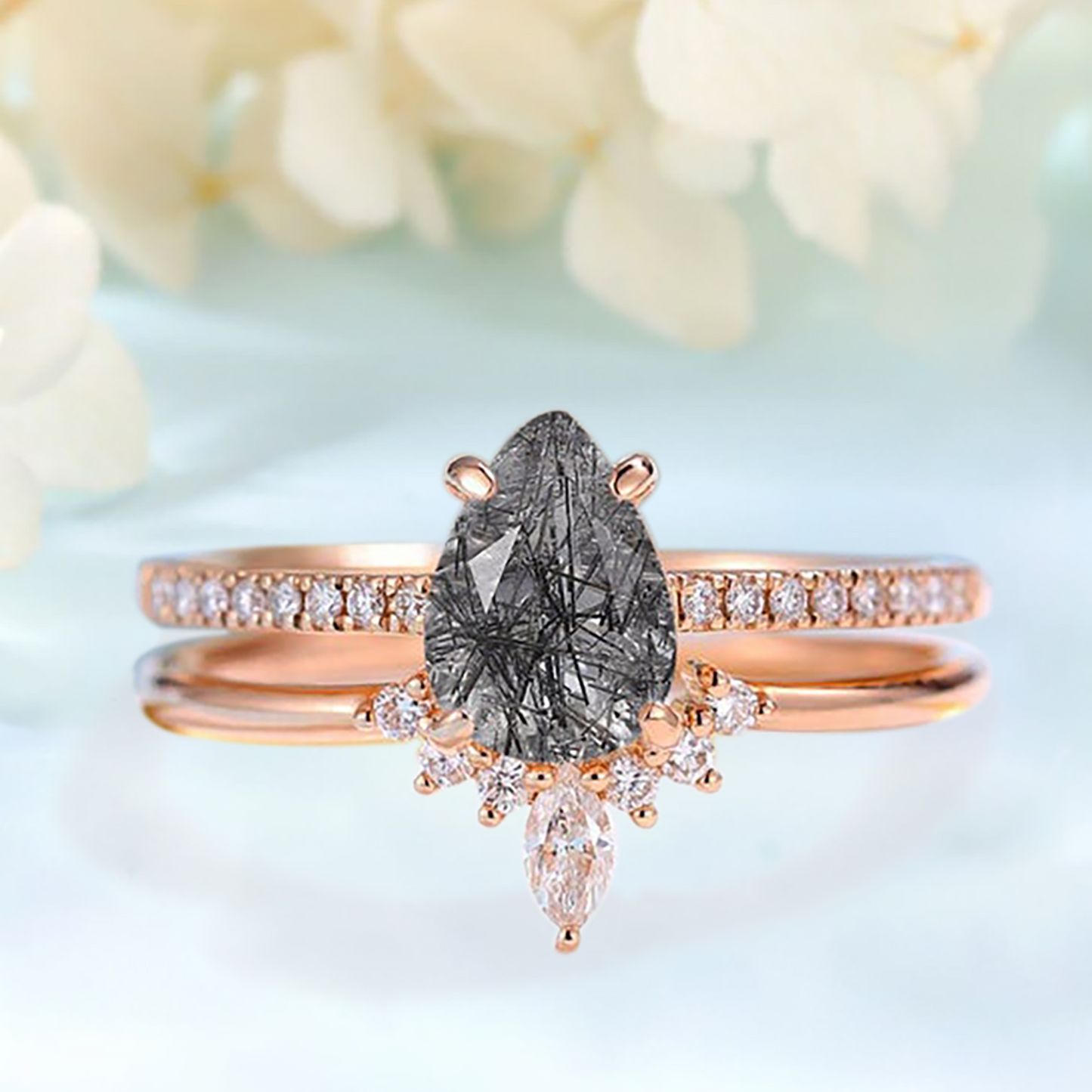 Black Rutilated Quartz, White Topaz and White Zircon rings set