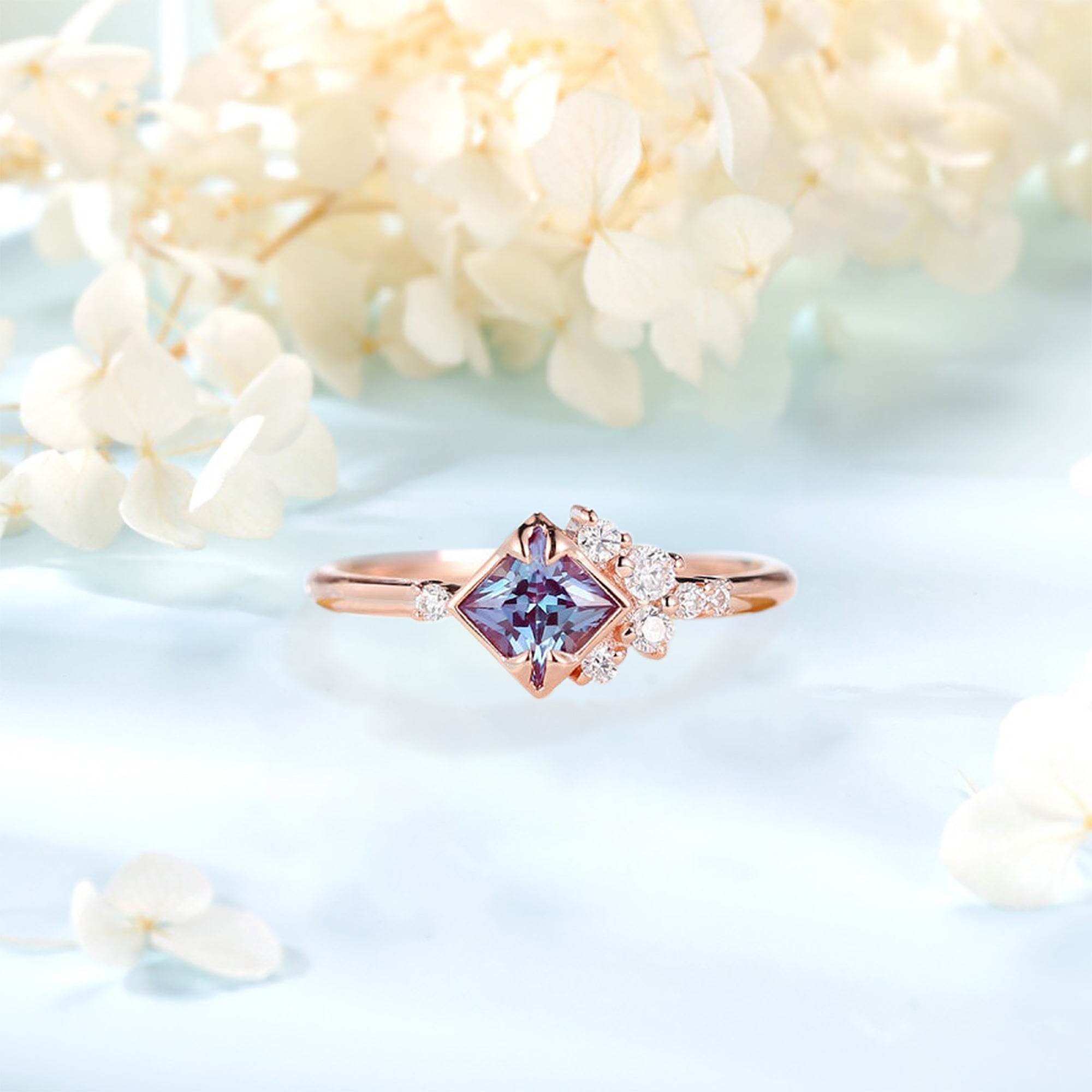 Lab Round Rose Gold Alexandrite Engagement Ring Art Deco