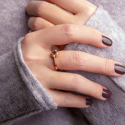 Black Rutilated Quartz & White Zircon ring on a woman hand