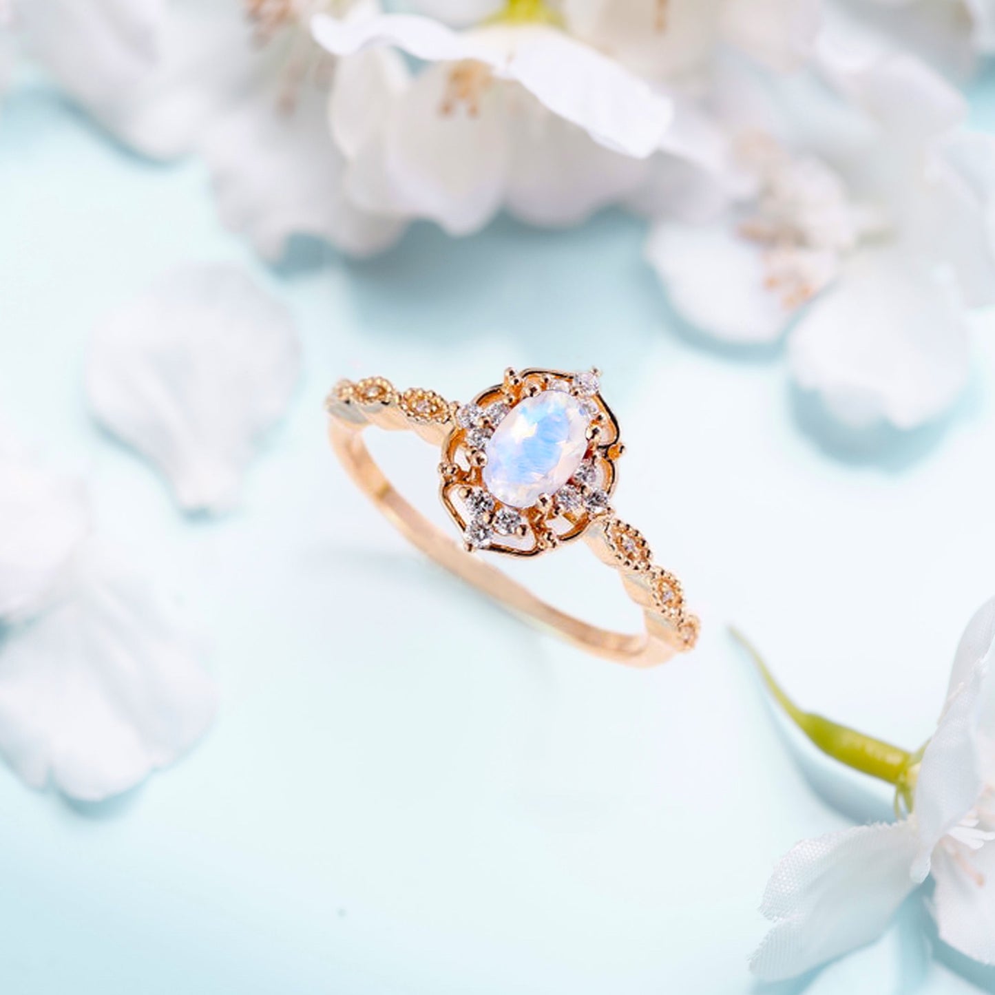 Moonstone & White Zircon ring 