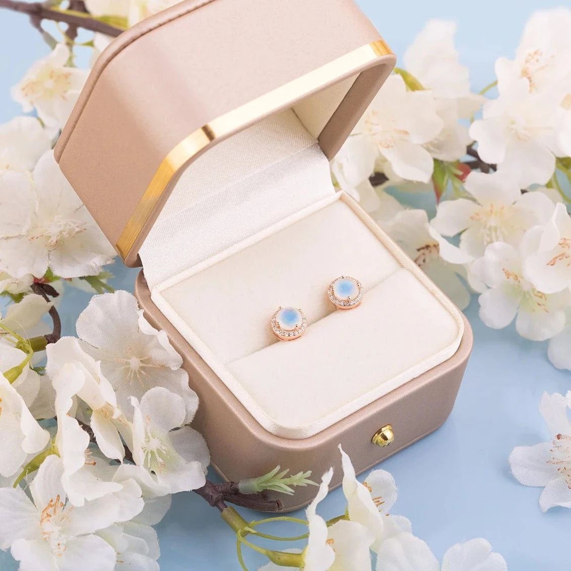 Two Moonstone Round studs in a gift box