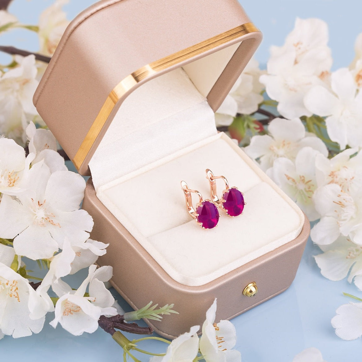 Two Red Ruby vintage earrings in a gift box