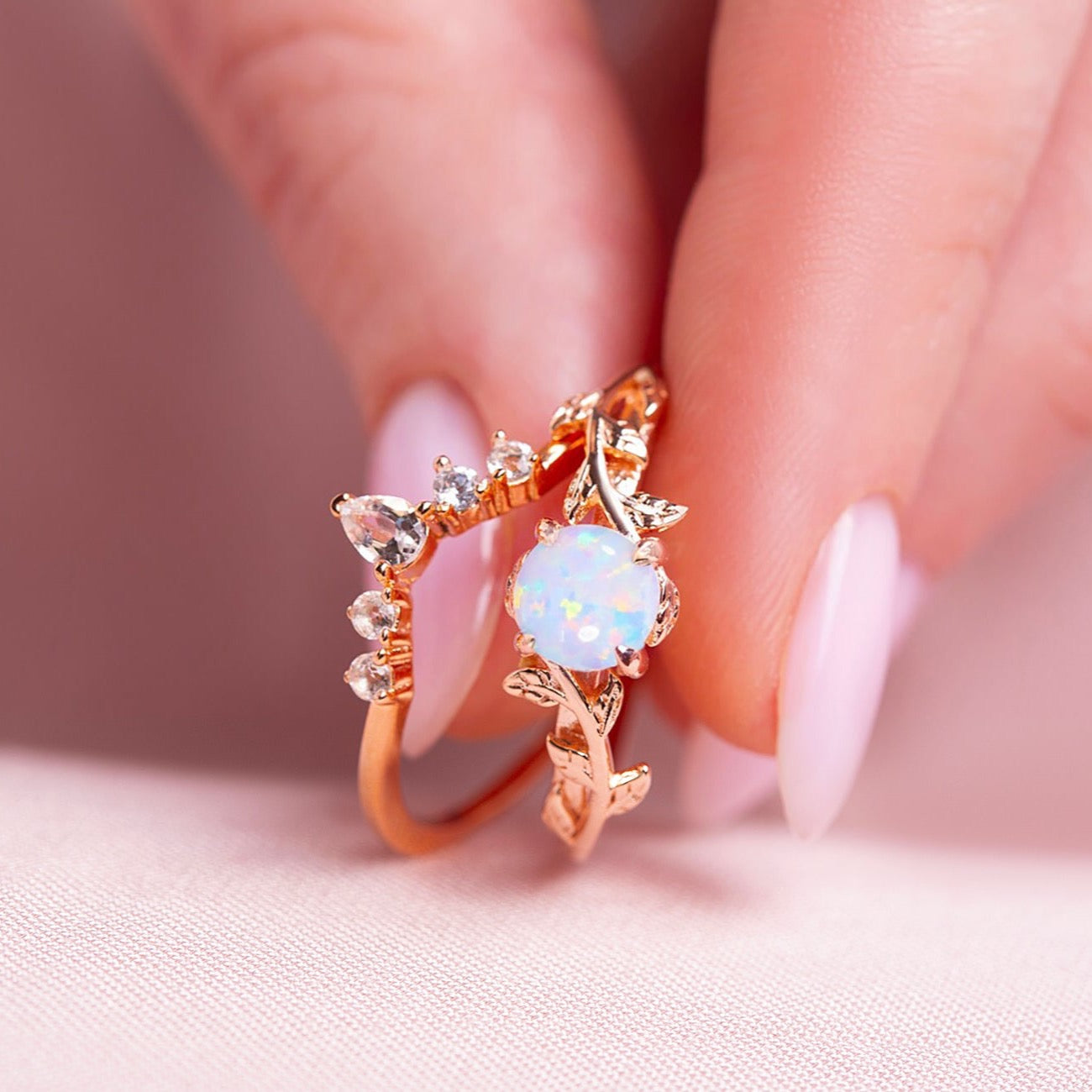 Unique Twigs Ring Set with opal and topaz, crafted in a nature-inspired leaf design, ideal for engagements or wedding bands.