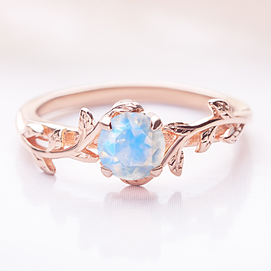 Silver Ring for women. Ring in a form of twig with moonstone gemstone. Ring is gold plated
