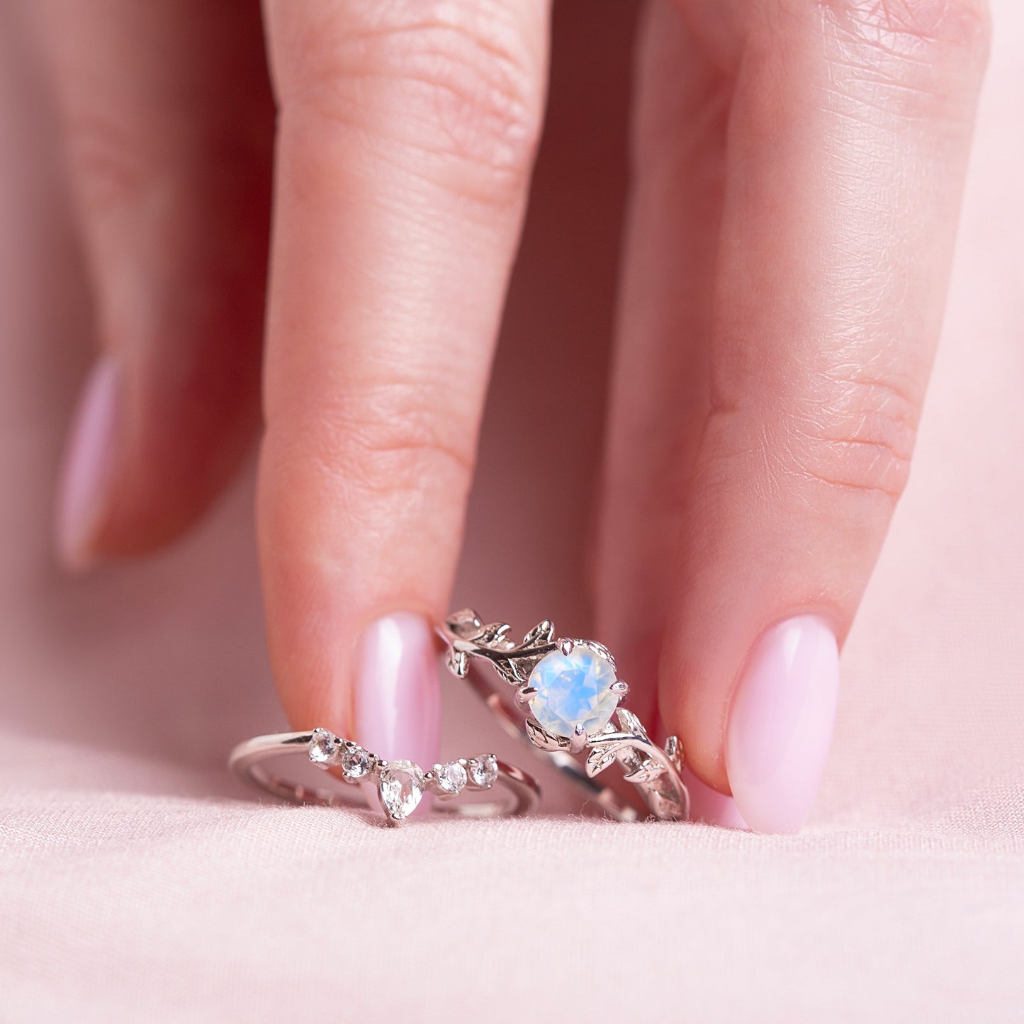 Stacking Twigs Ring Set with moonstone and topaz stones, designed in a nature-inspired leaf style for engagements or weddings.